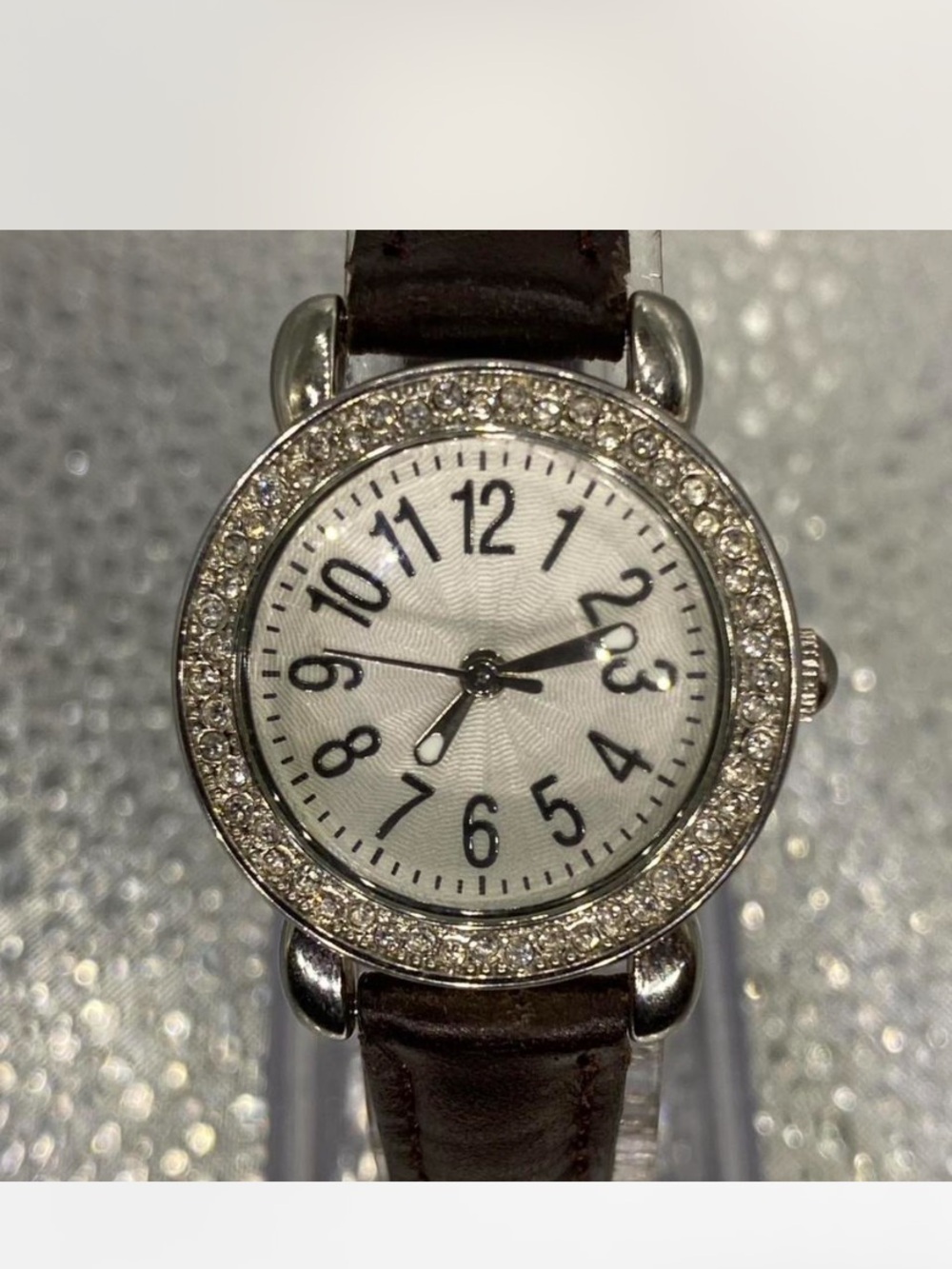 *** Iced “ Crystal-Accented Silver Round Face Watch ^^^ Mocca” Leather Strap ^*^